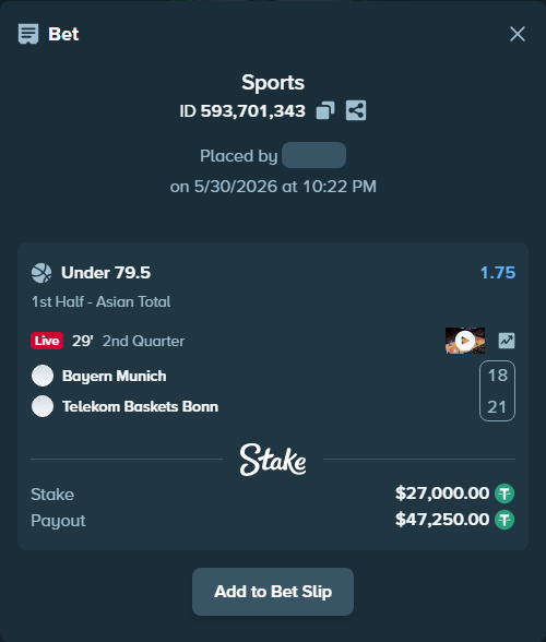 Bet slip: Bayern Munich - Baskets Bonn, $27,027.00 stake at 1.75 odds, placed by Kriski99