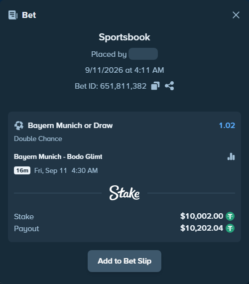 Bet slip: Bayern Munich - Bodo Glimt, $10,000.00 stake at 1.02 odds, placed by criscas85