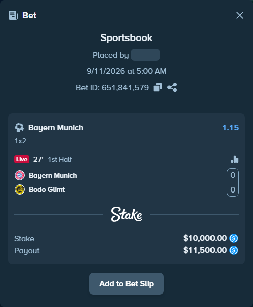 Bet slip: Bayern Munich - Bodo Glimt, $10,000.00 stake at 1.15 odds, placed by Thamassen