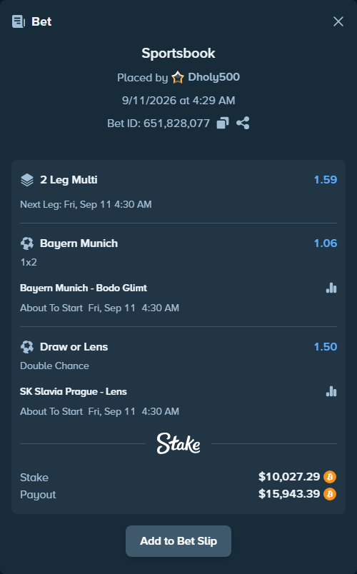 Bet slip: Bayern Munich - Bodo Glimt, $9,996.04 stake at 1.06 odds, placed by Dholy500