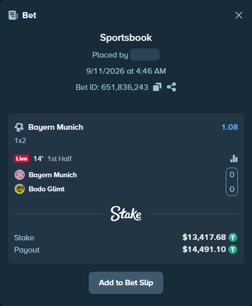 Bet slip: Bayern Munich - Bodo Glimt, $13,415.00 stake at 1.08 odds, placed by ogiaever