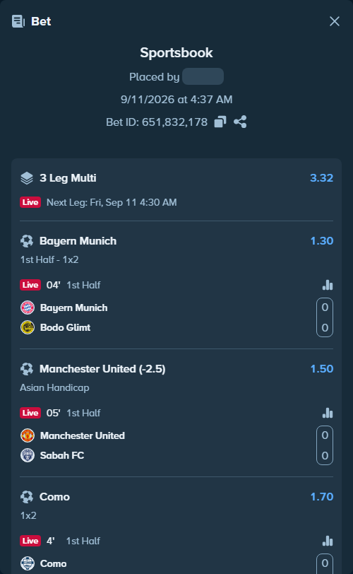 Bet slip: Bayern Munich - Bodo Glimt, $20,000.00 stake at 1.30 odds, placed by KOHINUR7474