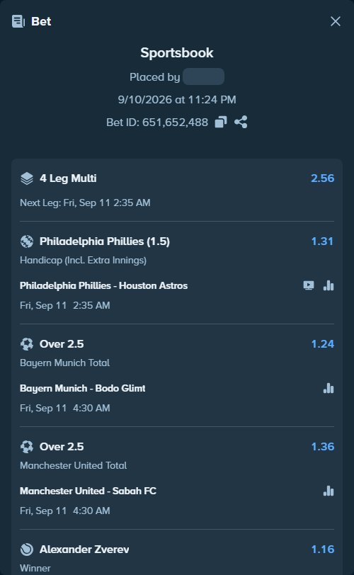 Bet slip: Bayern Munich - Bodo Glimt, $30,000.00 stake at 1.24 odds, placed by 12quant