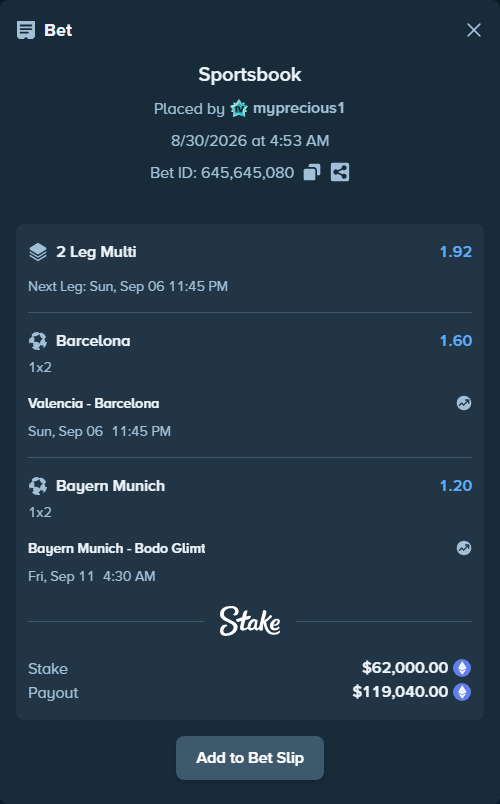 Bet slip: Bayern Munich - Bodo Glimt, $61,974.99 stake at 1.20 odds, placed by myprecious1