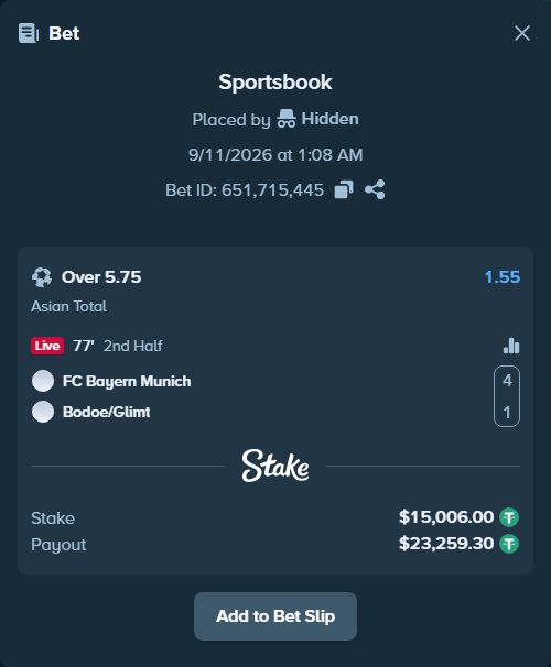 Bet slip: Bayern Munich - Bodoe/Glimt, $15,000.00 stake at 1.55 odds, placed by Hidden