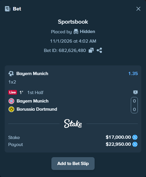Bet slip: Bayern Munich - Borussia Dortmund, $17,000.00 stake at 1.35 odds, placed by ImVikabet