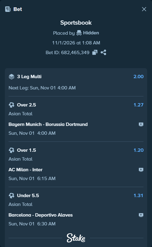 Bet slip: Bayern Munich - Borussia Dortmund, $26,817.54 stake at 1.27 odds, placed by Hidden