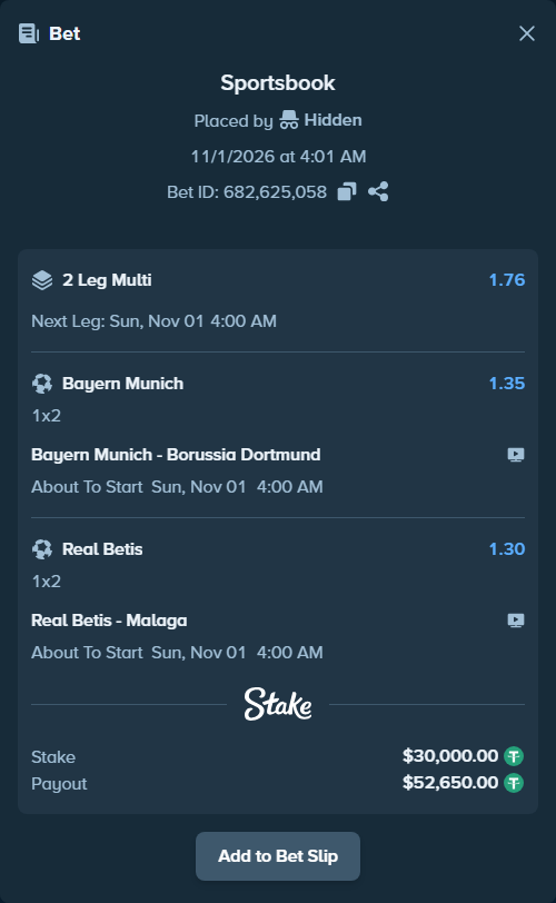 Bet slip: Bayern Munich - Borussia Dortmund, $30,000.00 stake at 1.35 odds, placed by Hidden