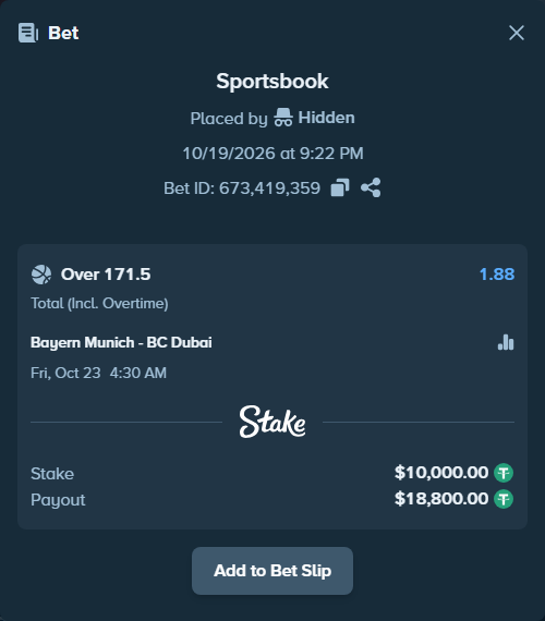 Bet slip: Bayern Munich - Dubai Basketball, $10,010.00 stake at 1.88 odds, placed by Hidden