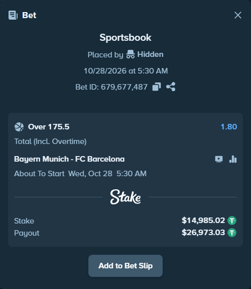 Bet slip: Bayern Munich - FC Barcelona, $15,000.00 stake at 1.80 odds, placed by Theketkitkitty