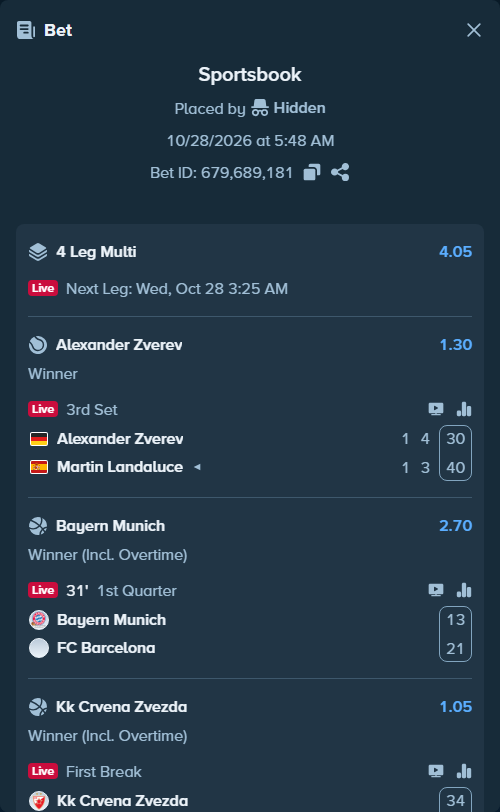 Bet slip: Bayern Munich - FC Barcelona, $166,949.33 stake at 2.70 odds, placed by Prettylfacko98