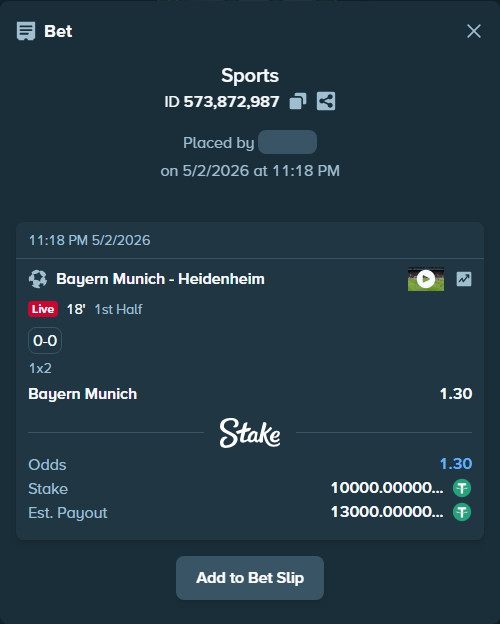 Bet slip: Bayern Munich - Heidenheim, $10,000.00 stake at 1.30 odds, placed by mathiasjuel