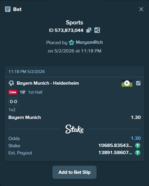 Bet slip: Bayern Munich - Heidenheim, $10,685.84 stake at 1.30 odds, placed by MaryamRich