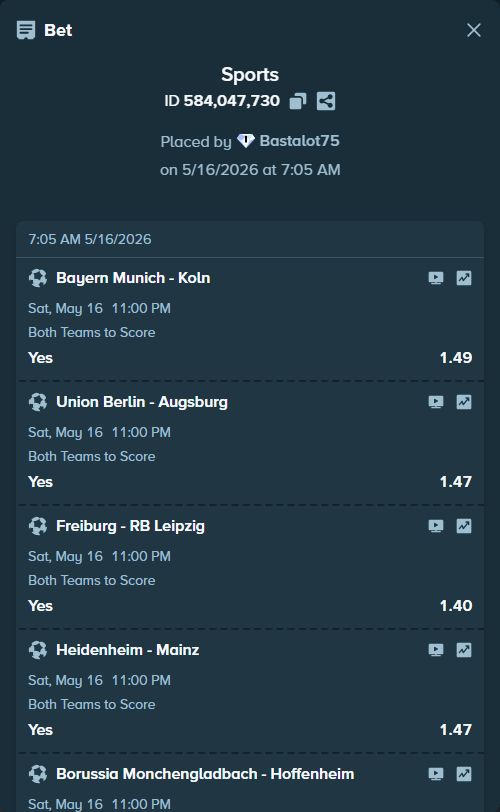 Bet slip: Bayern Munich - Koln, $10,000.00 stake at 1.49 odds, placed by Bastalot75