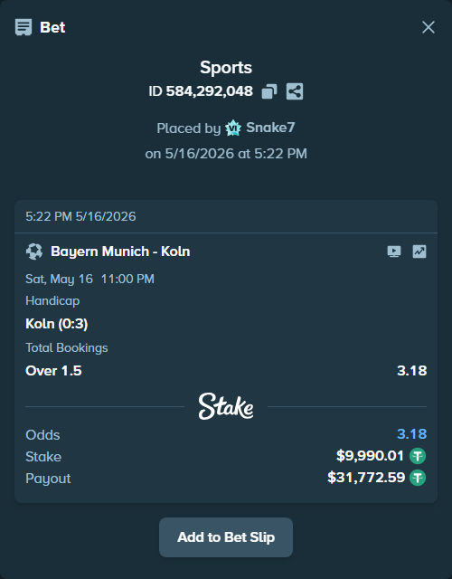 Bet slip: Bayern Munich - Koln, $10,000.00 stake at 1.95 odds, placed by Snake7