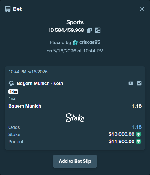 Bet slip: Bayern Munich - Koln, $10,000.00 stake at 1.18 odds, placed by criscas85