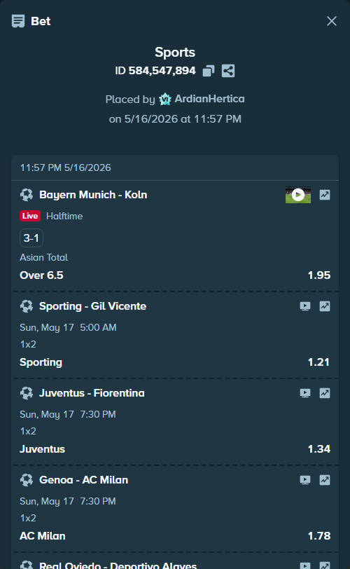 Bet slip: Bayern Munich - Koln, $10,000.00 stake at 1.95 odds, placed by ArdianHertica