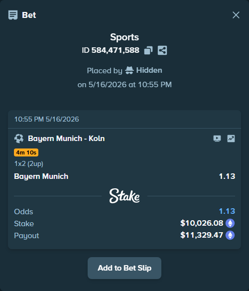 Bet slip: Bayern Munich - Koln, $7,992.62 stake at 1.13 odds, placed by Hidden