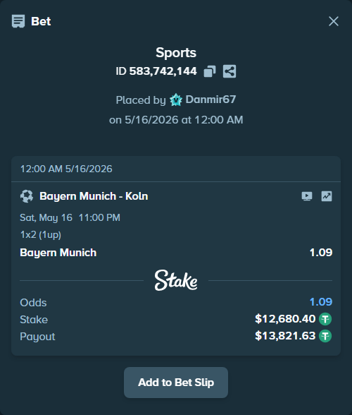 Bet slip: Bayern Munich - Koln, $12,680.40 stake at 1.09 odds, placed by Danmir67