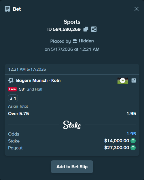 Bet slip: Bayern Munich - Koln, $14,014.00 stake at 1.95 odds, placed by Hidden