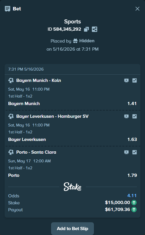 Bet slip: Bayern Munich - Koln, $15,015.00 stake at 1.41 odds, placed by Hidden