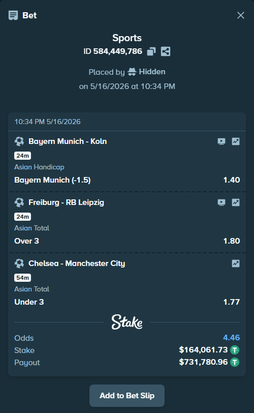 Bet slip: Bayern Munich - Koln, $164,061.73 stake at 1.40 odds, placed by Hidden