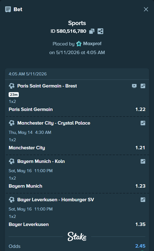 Bet slip: Bayern Munich - Koln, $20,000.00 stake at 1.23 odds, placed by Maxprof