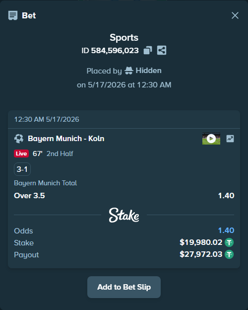 Bet slip: Bayern Munich - Koln, $20,000.00 stake at 1.40 odds, placed by Hidden
