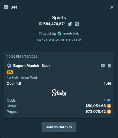 Bet slip: Bayern Munich - Koln, $41,218.50 stake at 1.46 odds, placed by ninafreak