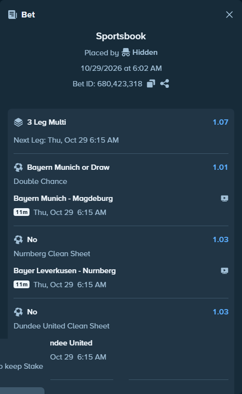 Bet slip: Bayern Munich - Magdeburg, $10,000.00 stake at 1.01 odds, placed by Hidden