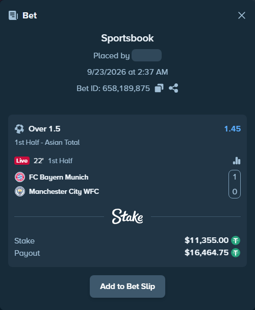 Bet slip: Bayern Munich - Manchester City WFC, $11,355.00 stake at 1.45 odds, placed by tlwns4736