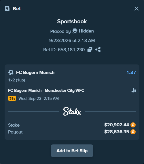 Bet slip: Bayern Munich - Manchester City WFC, $20,891.56 stake at 1.37 odds, placed by Hidden
