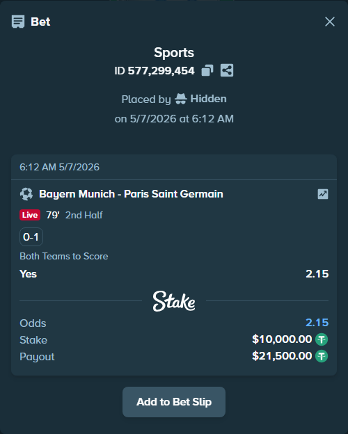 Bet slip: Bayern Munich - Paris Saint Germain, $10,000.00 stake at 2.15 odds, placed by Sabadell29