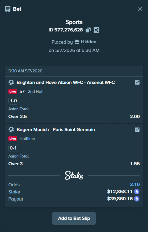 Bet slip: Bayern Munich - Paris Saint Germain, $9,518.19 stake at 1.55 odds, placed by Hidden