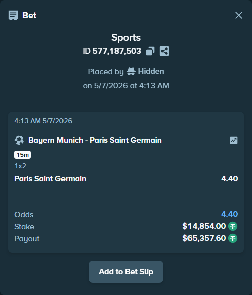 Bet slip: Bayern Munich - Paris Saint Germain, $14,854.00 stake at 4.40 odds, placed by Sabadell29