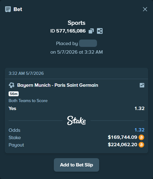 Bet slip: Bayern Munich - Paris Saint Germain, $133,993.08 stake at 1.32 odds, placed by Aone22
