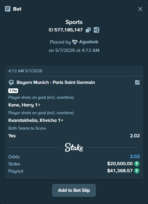 Bet slip: Bayern Munich - Paris Saint Germain, $20,500.00 stake at 1.09 odds, placed by Agusbob