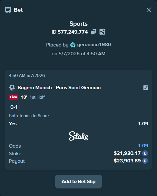 Bet slip: Bayern Munich - Paris Saint Germain, $17,146.43 stake at 1.09 odds, placed by geronimo1980