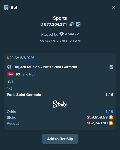 Bet slip: Bayern Munich - Paris Saint Germain, $42,426.12 stake at 1.16 odds, placed by Aone22