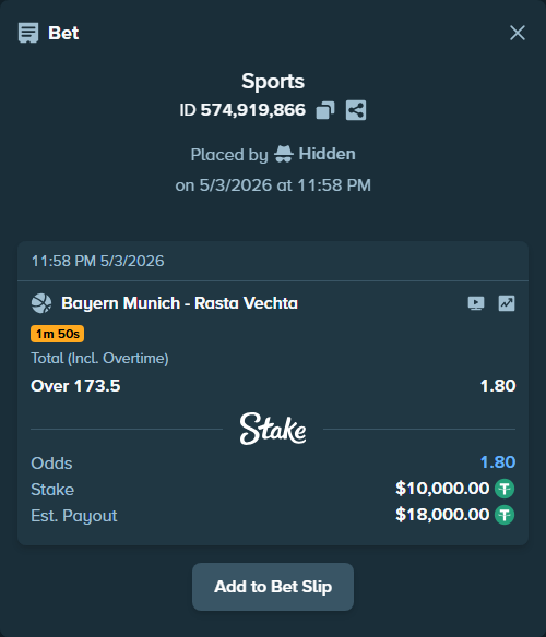 Bet slip: Bayern Munich - Rasta Vechta, $10,000.00 stake at 1.80 odds, placed by Hidden