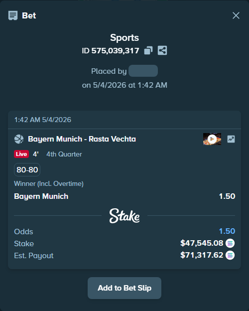 Bet slip: Bayern Munich - Rasta Vechta, $41,526.71 stake at 1.50 odds, placed by Prettylfacko98