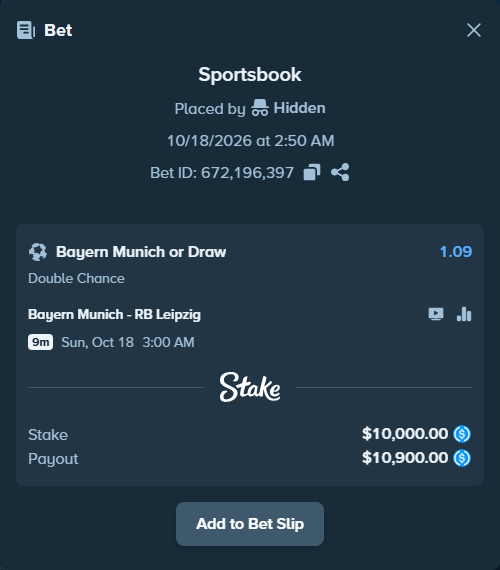 Bet slip: Bayern Munich - RB Leipzig, $10,000.00 stake at 1.09 odds, placed by AdrewTate