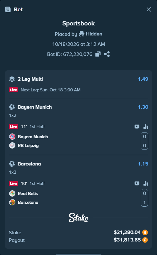 Bet slip: Bayern Munich - RB Leipzig, $21,319.92 stake at 1.30 odds, placed by Saiddh94
