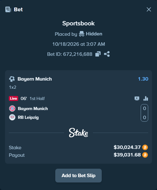 Bet slip: Bayern Munich - RB Leipzig, $30,080.64 stake at 1.30 odds, placed by Espnik