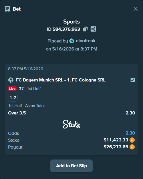 Bet slip: Bayern Munich SRL - 1. FC Cologne SRL, $9,407.33 stake at 2.30 odds, placed by ninafreak