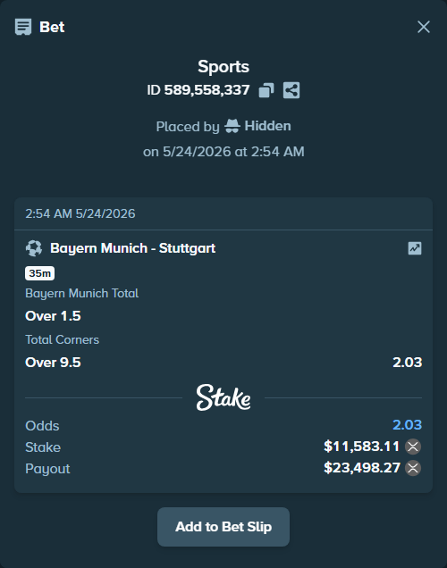 Bet slip: Bayern Munich - Stuttgart, $9,965.12 stake at 1.21 odds, placed by Hidden