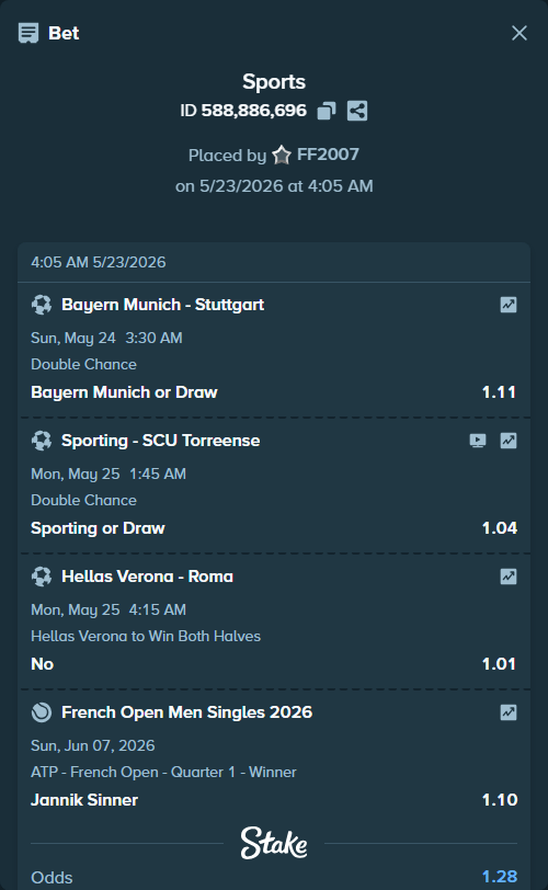 Bet slip: Bayern Munich - Stuttgart, $12,001.28 stake at 1.11 odds, placed by FF2007