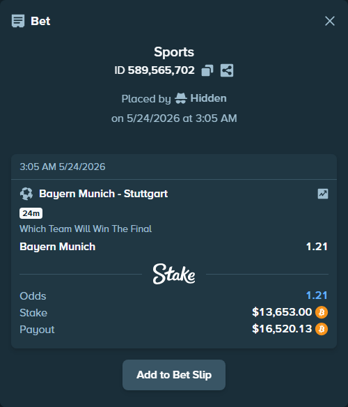 Bet slip: Bayern Munich - Stuttgart, $11,655.01 stake at 1.21 odds, placed by Hidden