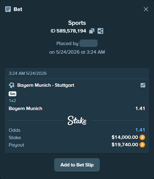 Bet slip: Bayern Munich - Stuttgart, $11,951.23 stake at 1.41 odds, placed by ArvaPandaM