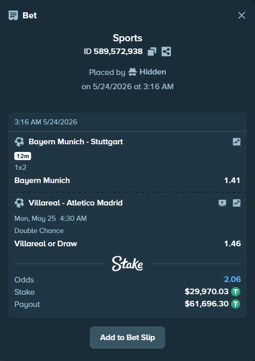 Bet slip: Bayern Munich - Stuttgart, $30,000.00 stake at 1.41 odds, placed by Hidden